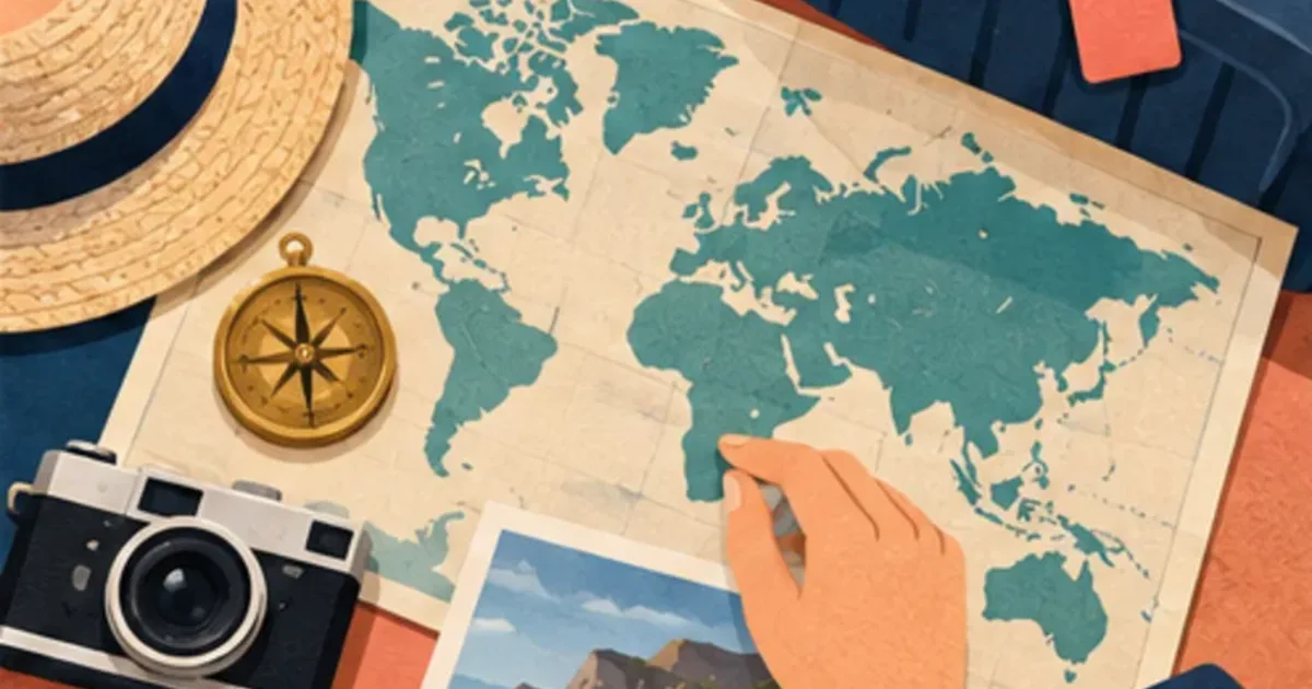 A traveler planning with a world map, compass, camera, hat and suitcase