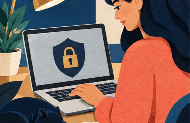 A person using a laptop with a padlock shield displayed on the screen