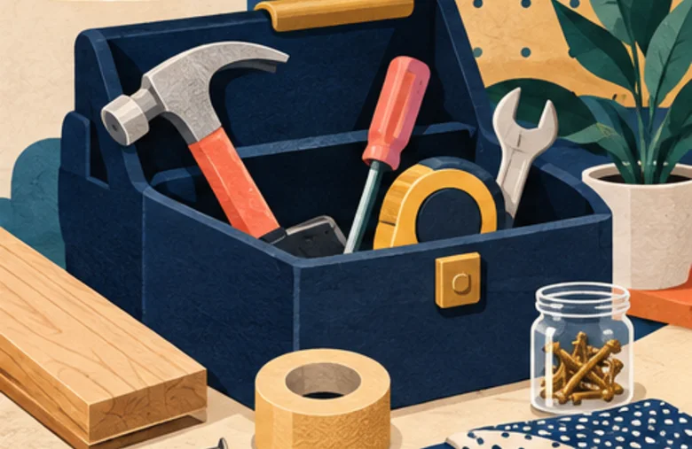 A toolbox holding a hammer, screwdriver, wrench and measuring tape