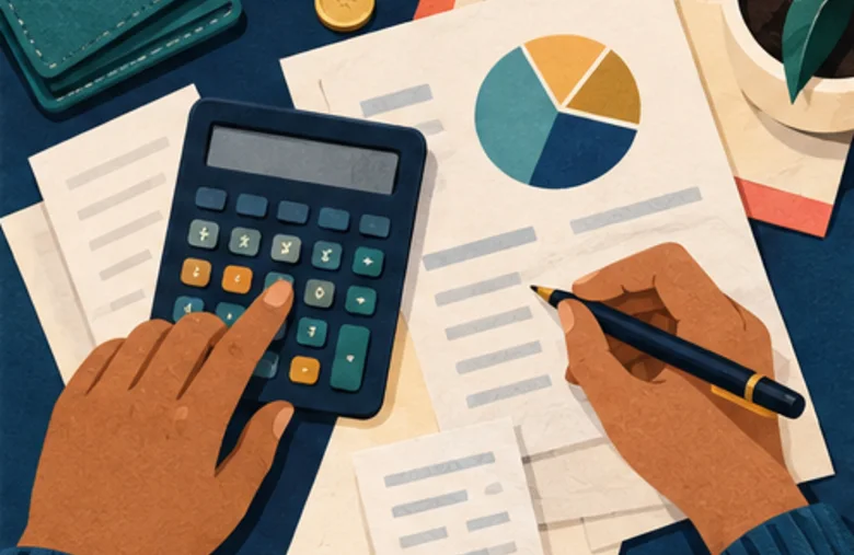 Hands using a calculator beside bills, notes and a budget chart