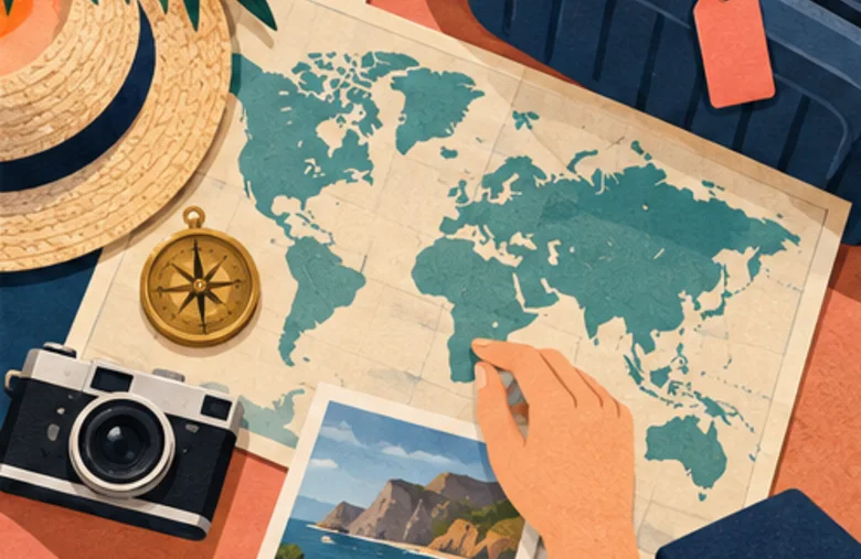 A traveler planning with a world map, compass, camera, hat and suitcase