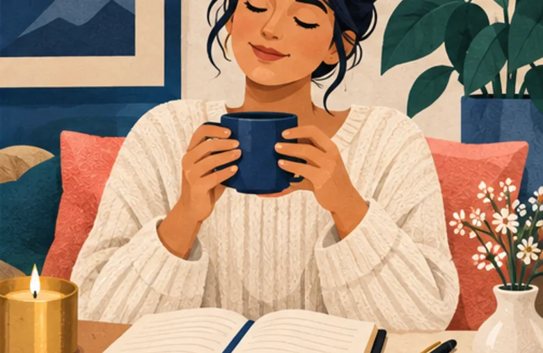 A person sitting calmly with a warm drink, notebook, candle and flowers