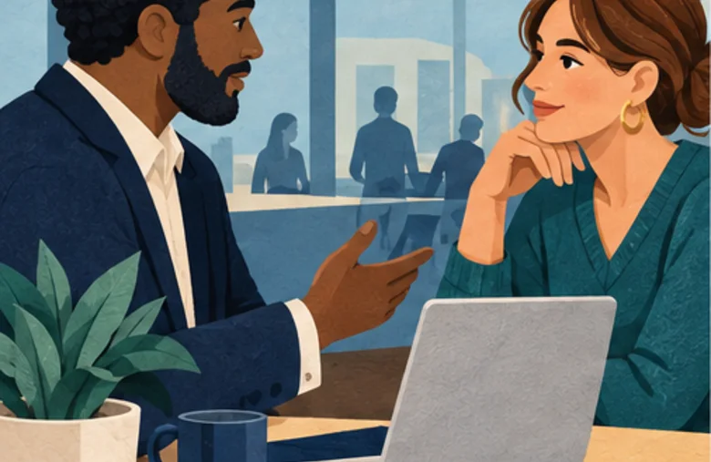 Two colleagues discussing work across a table beside a laptop